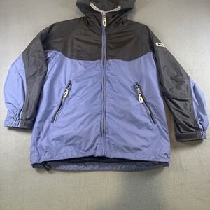 REI Elements Hooded Windbreaker Jacket Blue Black Full Zip Kids Medium 8/10